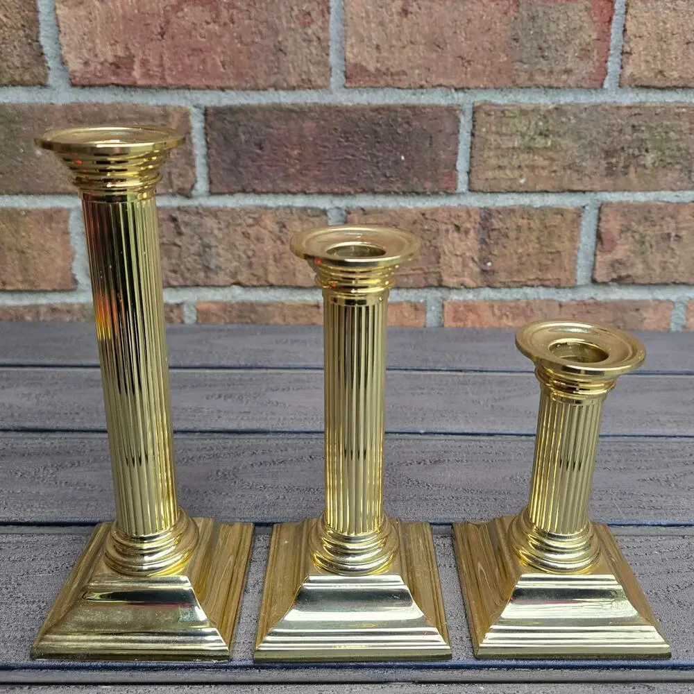 Baldwin Brass Column Candlesticks Smithsonian Shiny Gold Tone Metal Set of 3 Vtg